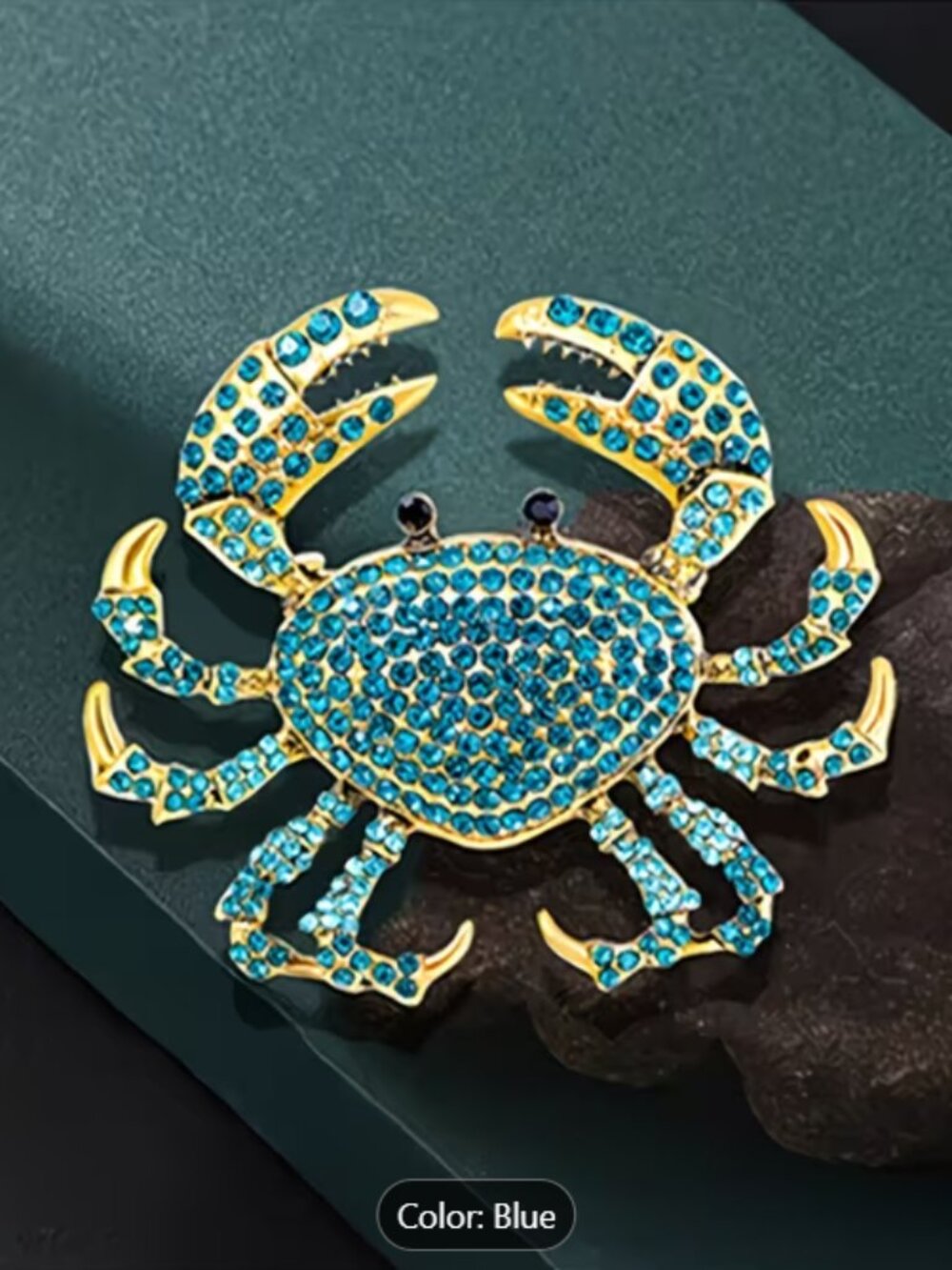Vintage style Blue Crystal Rhinestone Crab Sparkly Goldtoned SeaLife Brooch
